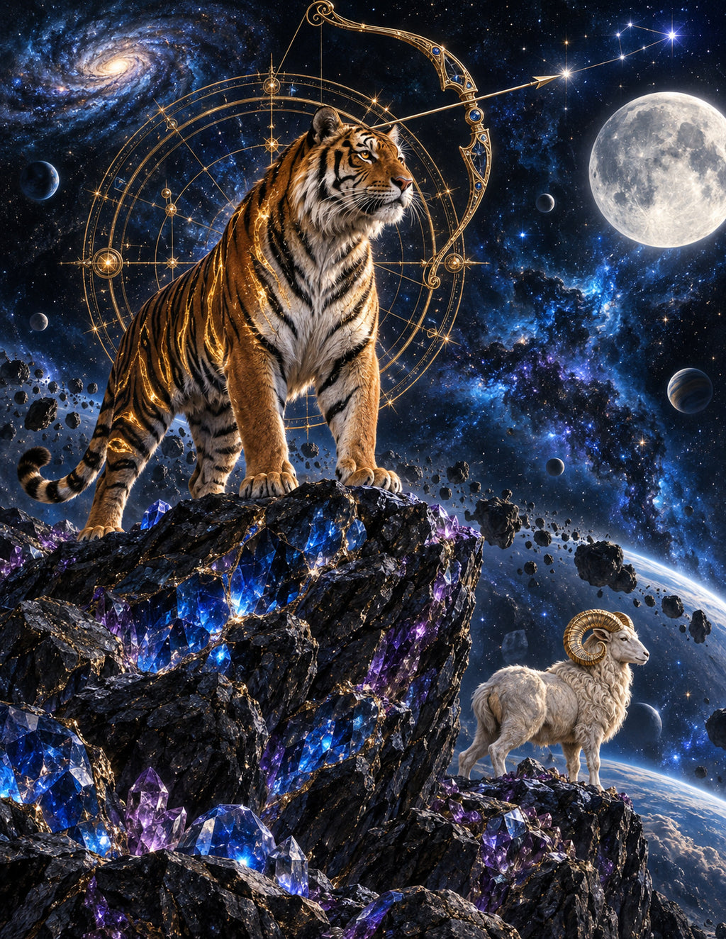 VAROQETH Aether Celestial Portrait cover featuring a tiger on glowing cosmic rocks beneath a star-filled sky.