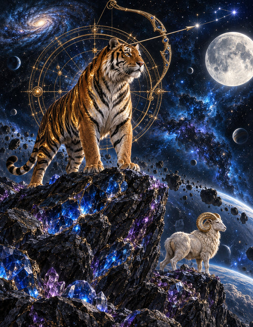 VAROQETH Aether Celestial Portrait cover featuring a tiger on glowing cosmic rocks beneath a star-filled sky.