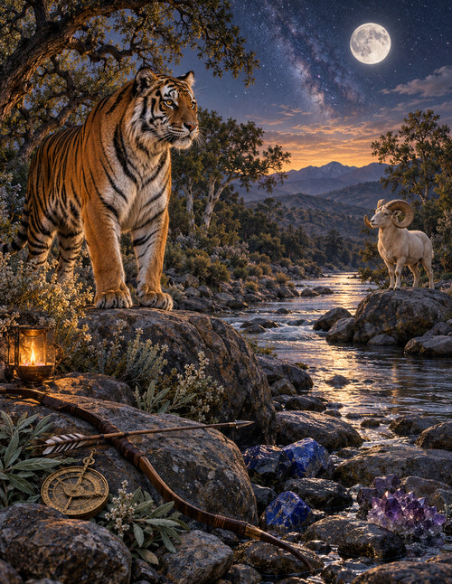 VAROQETH Terra Celestial Portrait cover featuring a tiger on a rocky shoreline beneath a golden twilight sky.