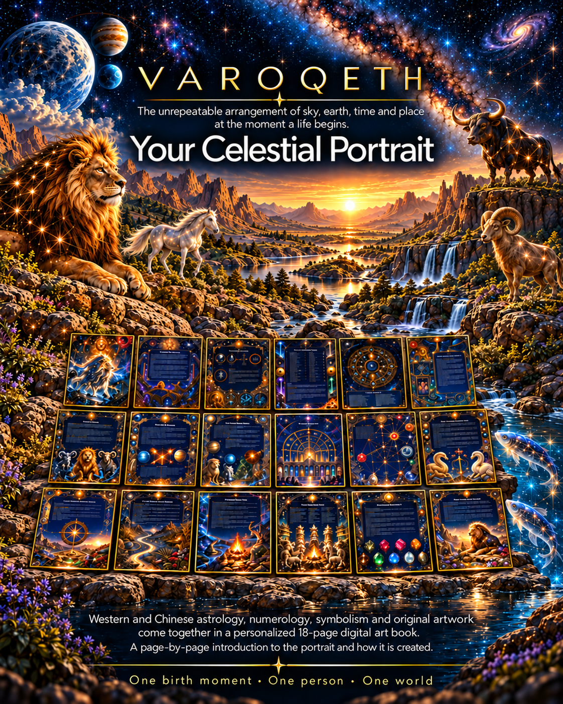VAROQETH Celestial Portrait: 18-page personalized astrology art book preview with zodiac animals and a celestial landscape.