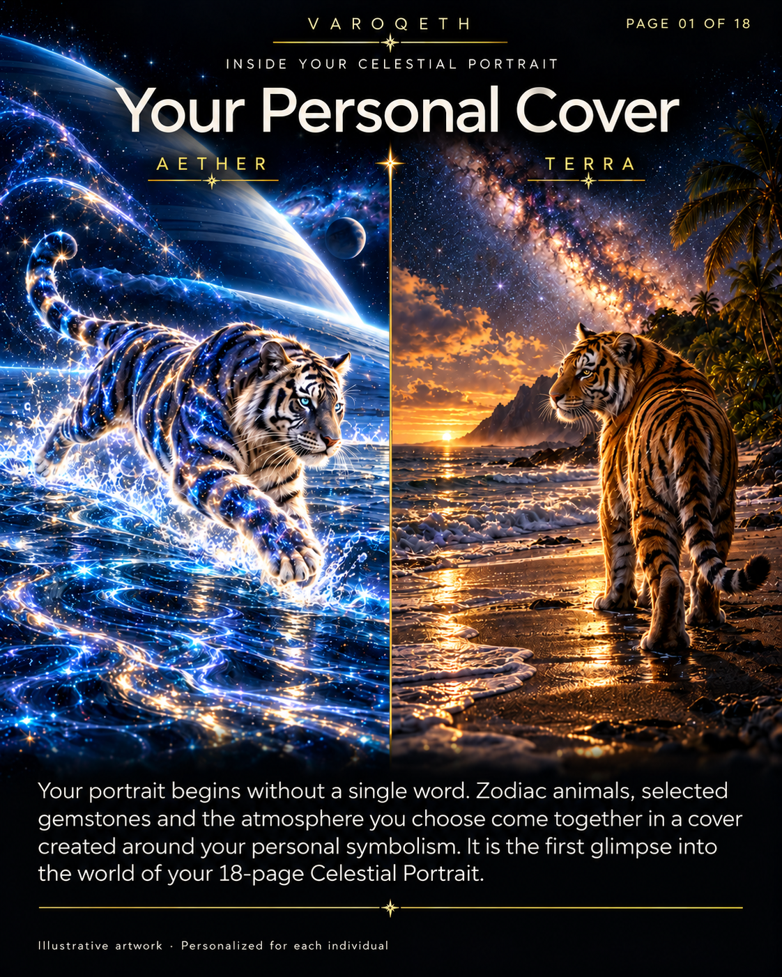 Personalized astrology cover examples: a cosmic Aether tiger and a Terra tiger on a tropical shore.