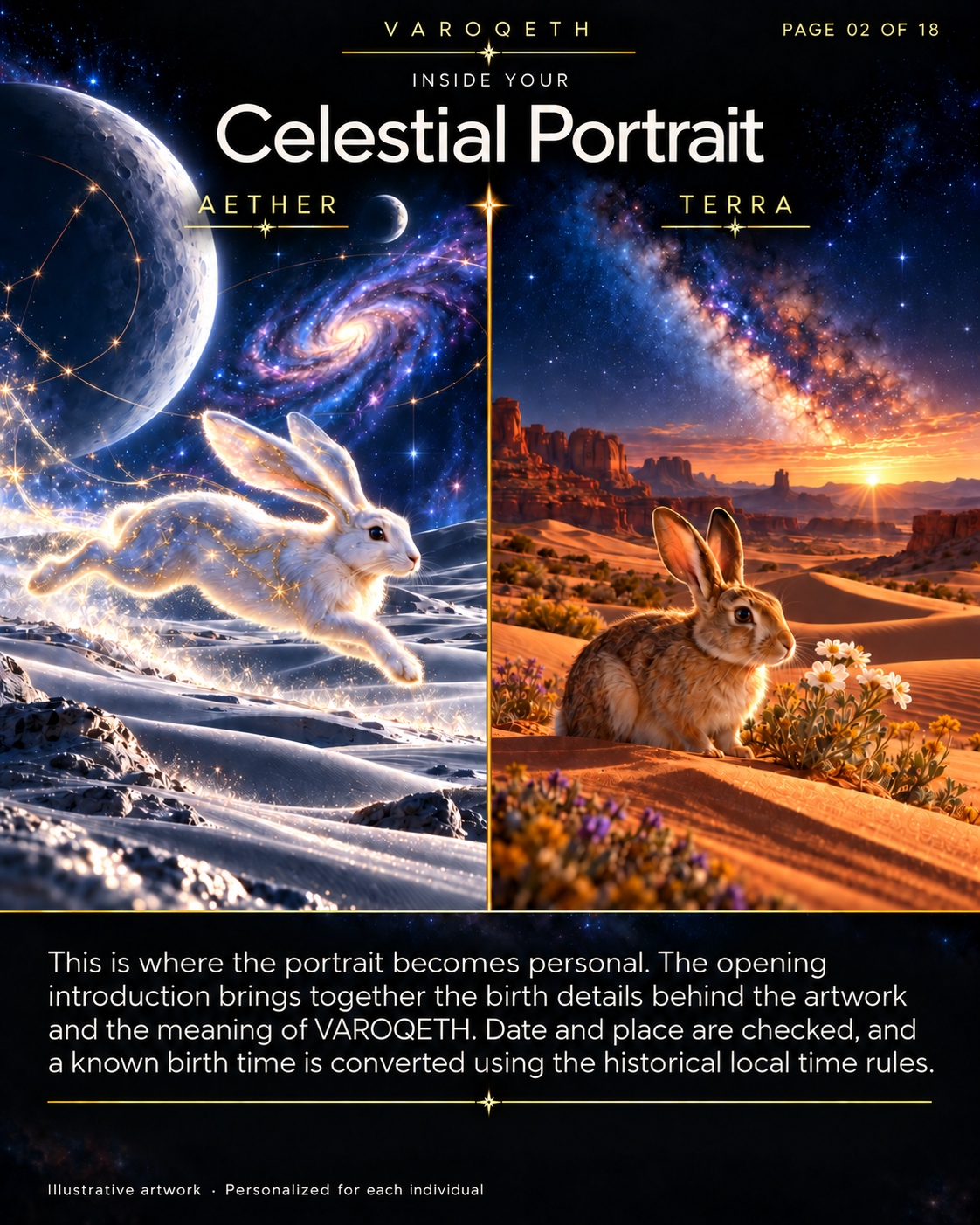 Celestial Portrait introduction with a glowing Aether rabbit beneath the Moon and a Terra rabbit in a desert landscape.