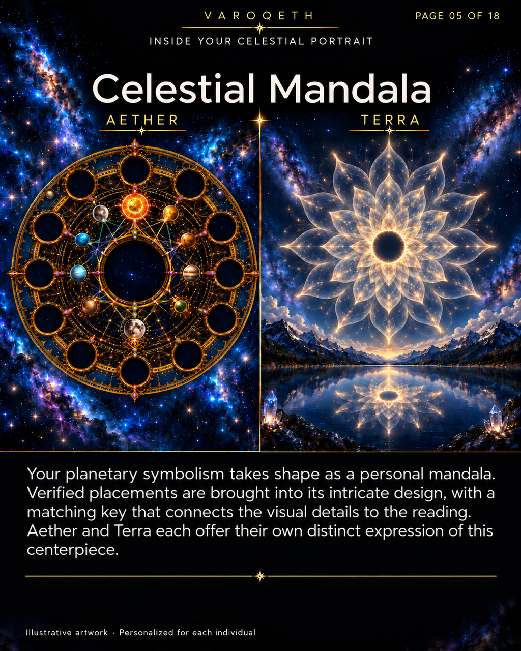 Celestial Mandala examples: a golden planetary wheel in space and a luminous geometric bloom above a mountain lake.