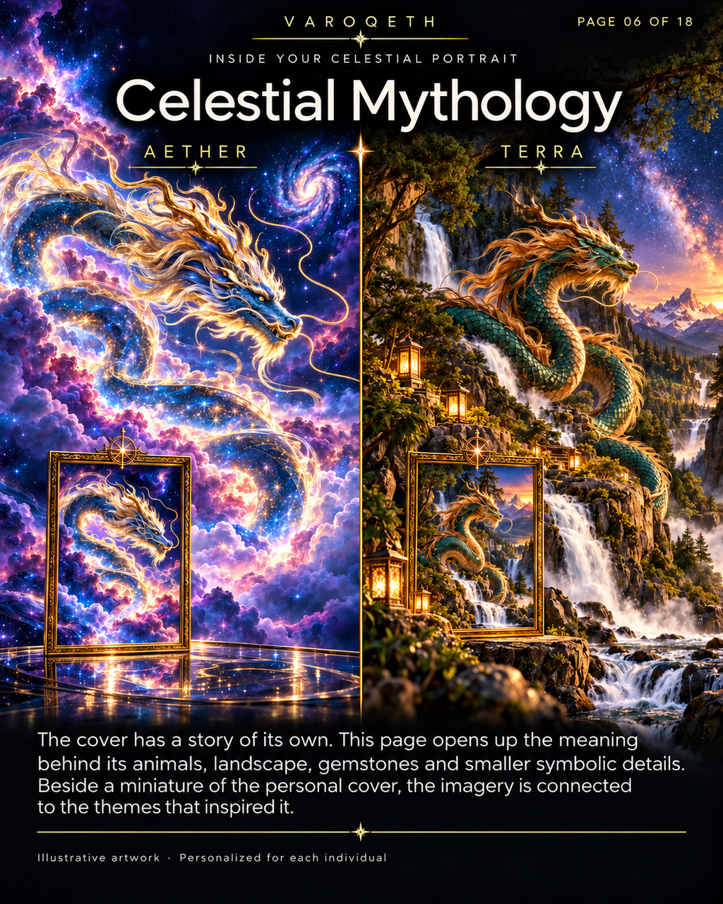 Celestial Mythology preview with a cosmic dragon, an earthly dragon by waterfalls and miniature cover artwork.