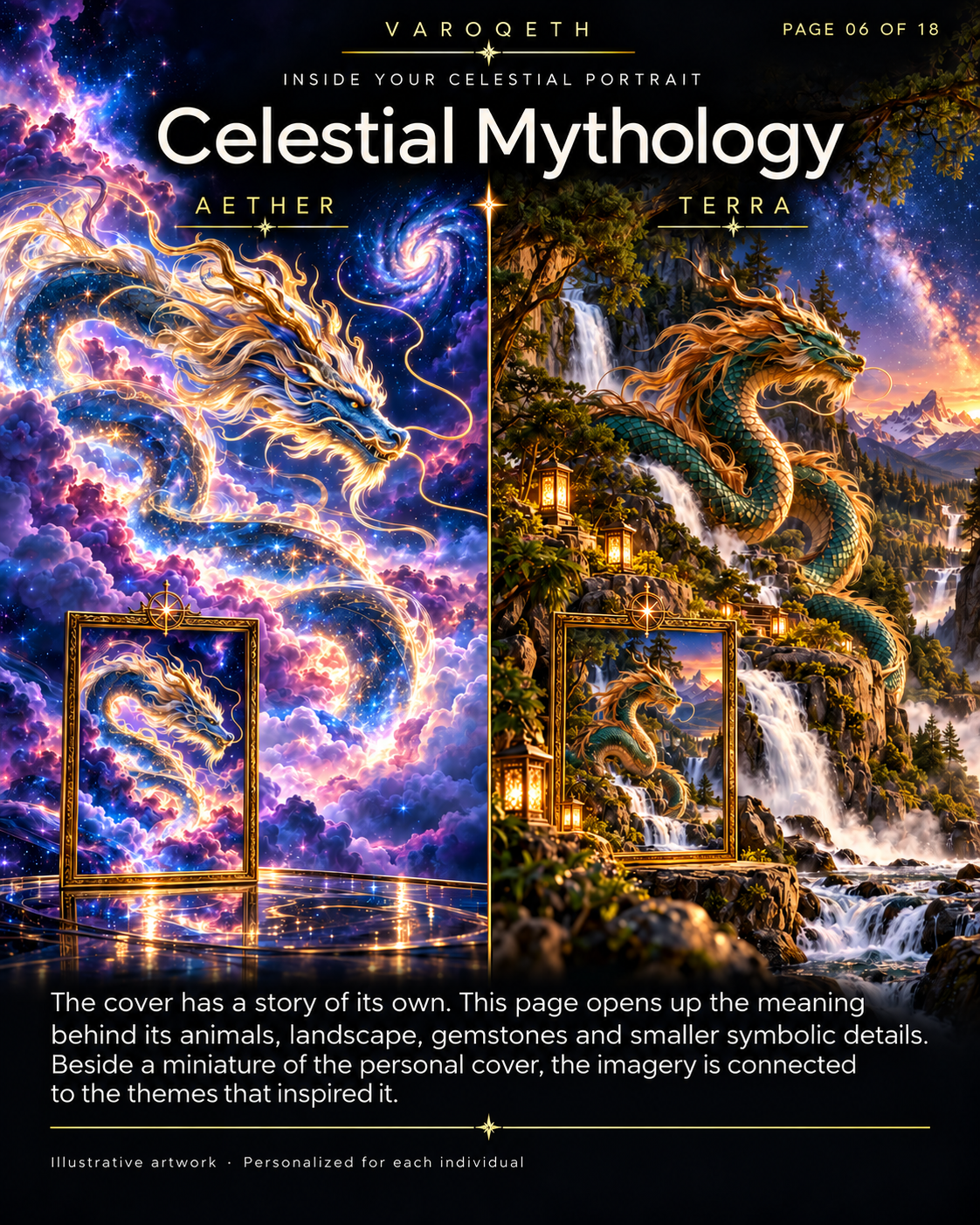 Celestial Mythology preview with a cosmic dragon, an earthly dragon by waterfalls and miniature cover artwork.