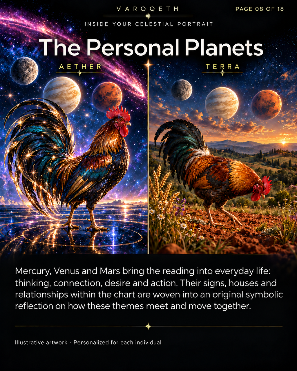 Personal Planets preview with roosters beneath Mercury, Venus and Mars in cosmic Aether and natural Terra settings.