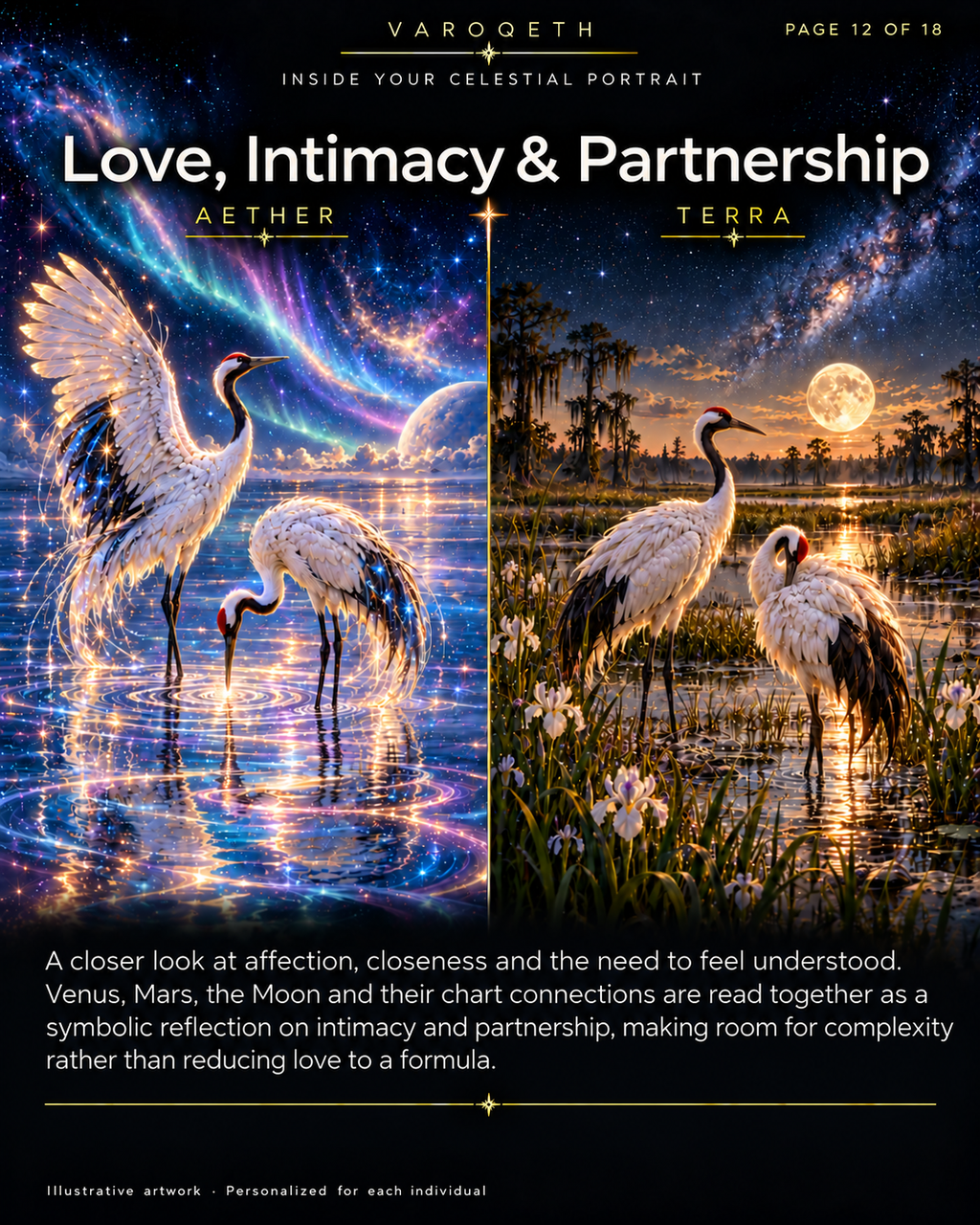 Love, Intimacy and Partnership preview with pairs of cranes in luminous Aether waters and a moonlit Terra wetland.