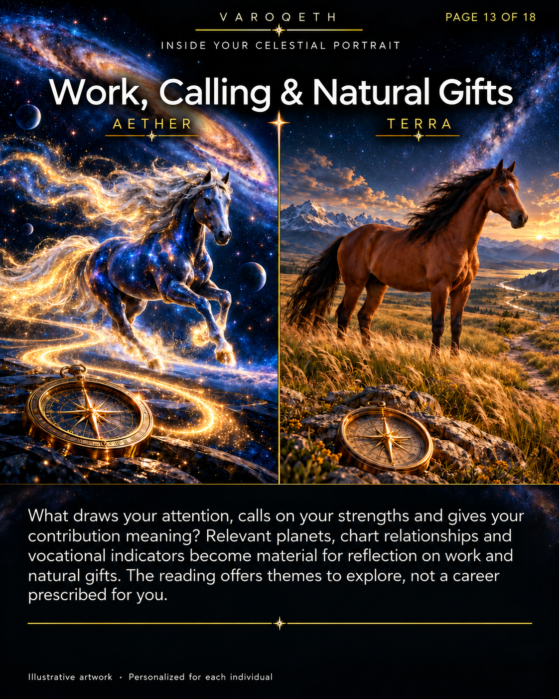 Work, Calling and Natural Gifts preview with a cosmic horse, an earthly horse and golden compasses.