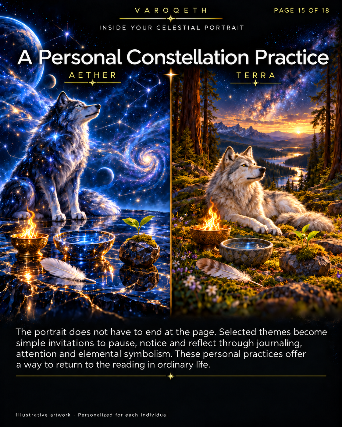 Personal Constellation Practice preview with wolves beside fire, water bowls and plants in Aether and Terra.