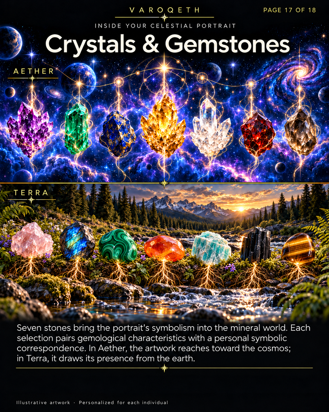 Crystals and Gemstones preview: seven stones in cosmic Aether artwork and seven in a forested Terra landscape.