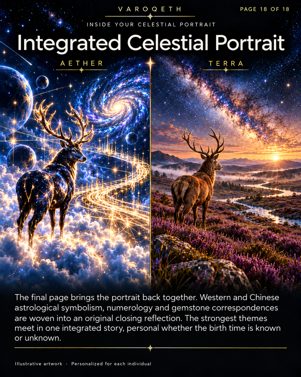 Integrated Celestial Portrait preview with a luminous cosmic stag and a natural stag overlooking a misty valley.
